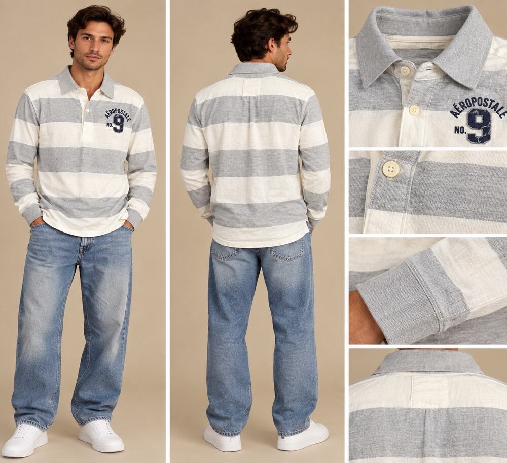 Aeropostale Mens XL Rugby Polo Gray White Stripe Long Sleeve No 9 Y2K Preppy